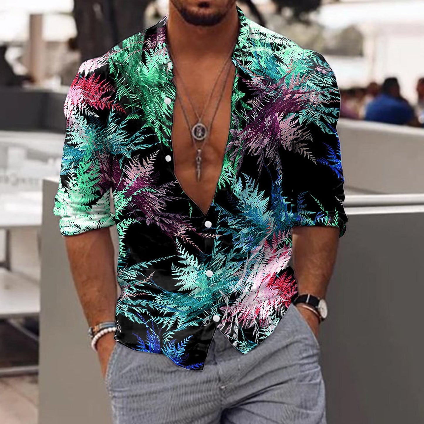 jiaabc Spring Autumn Men Hawaiian Shirts Turn-down Collar Buttoned Tops Men's Casual Tropical Printed Long Sleeve Shirt Streetwear