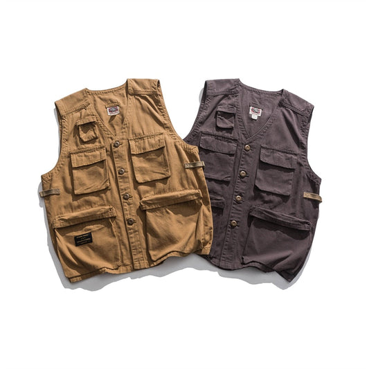 new Japanese high street tooling multi-pocket vest American functional retro loose casual vest khaki gray