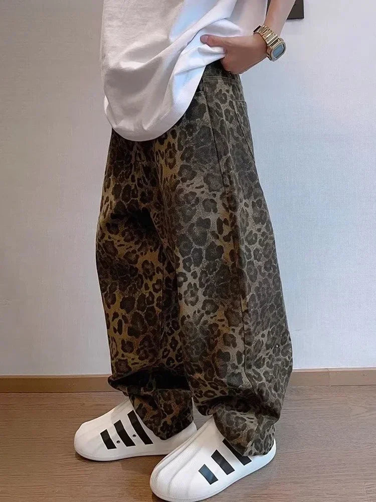 jiaabc Tan Leopard Jeans Men Denim Pants Male Oversize Wide Leg Trousers Streetwear Hip Hop Vintage Clothes Loose Casual