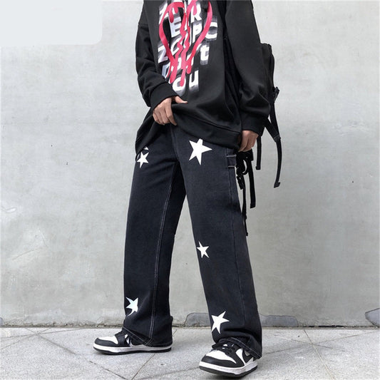 jiaabc Y2K Mens Retro Streetwear Hip Hop Stars Straight Fairy Grunge Jeans for Men Denim Pants Wide Leg Oversized Alt Trousers Clothes