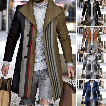 jiaabc Autumn Winter Men's Single Breasted Woolen Overcoat Plaid Print Male Long Thicken Windbreaker Fashion Causal Coat Outerwear Men