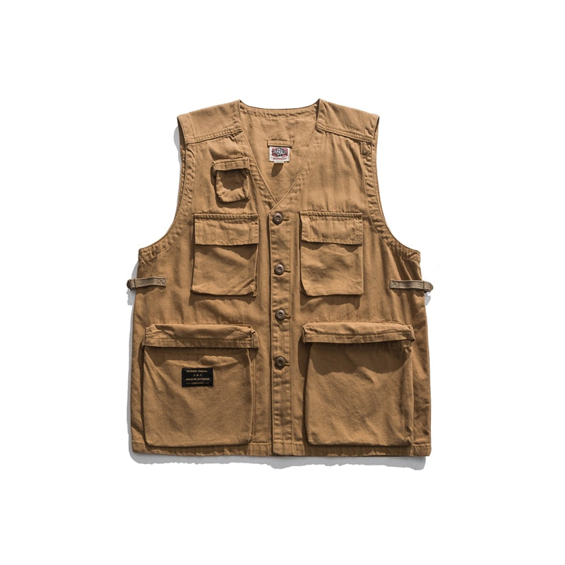 new Japanese high street tooling multi-pocket vest American functional retro loose casual vest khaki gray