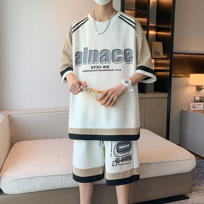 jiaabc Hip Hop Summer Set 2023 Cool Boys' Letter Print Short Sleeve T-shirt Spliced Shorts Set High Street Vitality Casual Streetwear