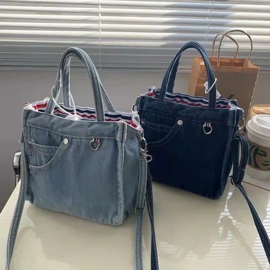 Denim Jeans Bags Cool Girl Totes  Fashion Trend High Street Hardware Tote In Denim Women's Shoulder Bag