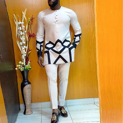 jiaabc New Set Men Dashiki Various White Suit Male Fashion Casual 2 Pieces Outfit Long Sleeve Shirt Trouser African Men Clothes Set