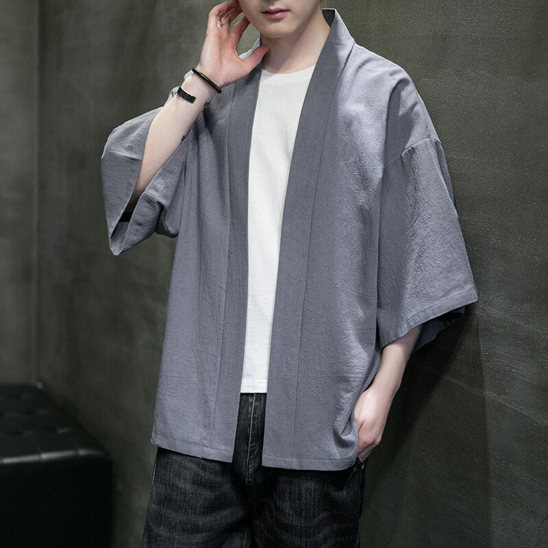 jiaabc  Summer Men's Kimono Jackets Cardigan Mens Lightweight Casual Cotton Blends Linen Seven Sleeves Open Front Coat Outwear