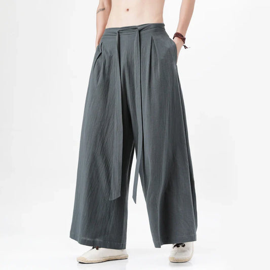 jiaabc Harajuku Linen Cotton Linen Pants Man Japanese Kimono Pants Male Streetwear Summer Retro Wide-Leg Trousers