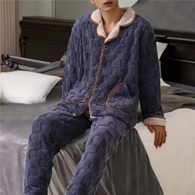 jiaabc Men Warm Flannel Autumn Winter Pajamas Turn-down Collar Long-sleeved Trousers Two-piece Set Loose Comfortable Sleepwear Suit