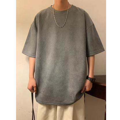 Suede T-shirt Men Oversized Fashion Solid Color Retro T Shirt Men Streetwear Summer Loose Short Sleeved T-shirt Mens Top M-3XL