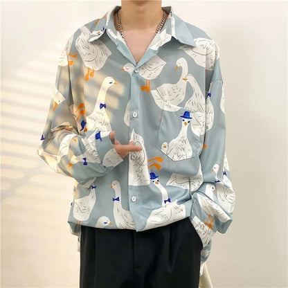 Antique Vintage Long sleeve Shirt for Men Streetwear Korea Style Fashion Design Clothes Full-printed Men's Hip Hop Top Shirt