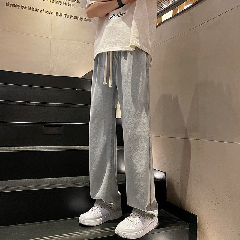 jiaabc Spring New Streetwear Baggy Jeans Men Korean Fashion Loose Straight Wide Leg Pants Male Brand Clothing Black Light Blue