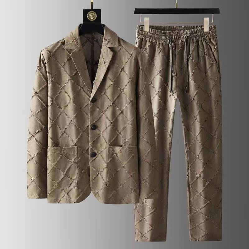 jiaabc Spring Autumn Men Blazer Suit Long Sleeve Solid Jacket Drawstring Pants Vintage Lattice Casual Korean Slim Fashion Two-piece Set