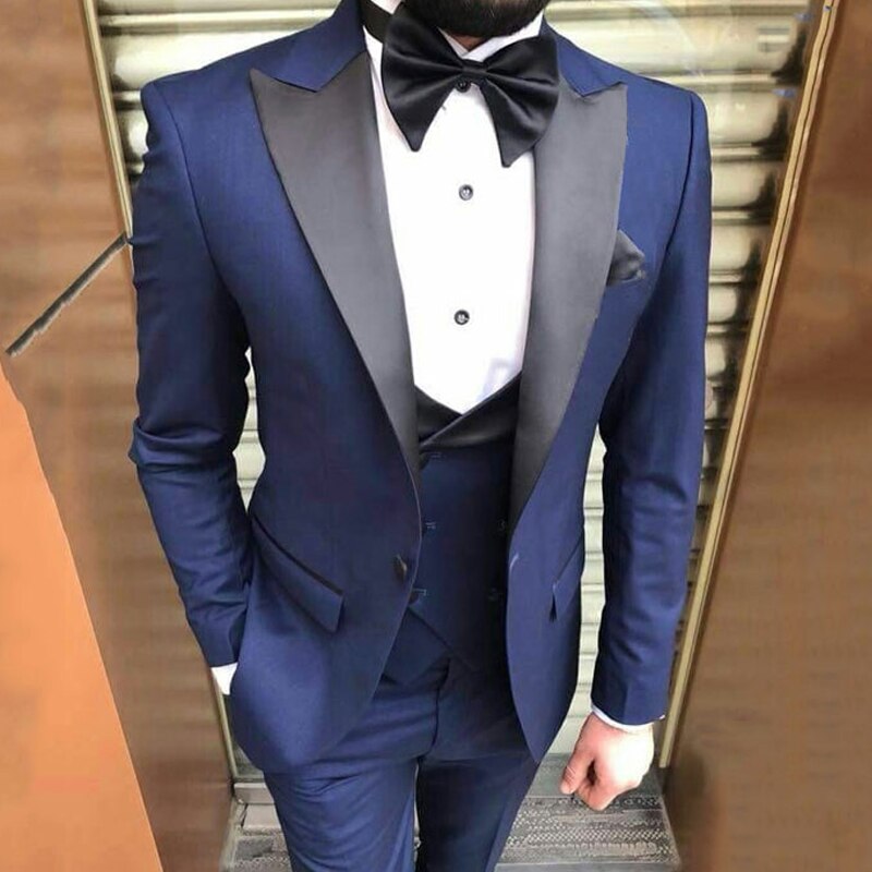 Navy Blue Formal Men Suits Sim Fit for Wedding 3 Pieces Groom Tuxedo Smoking Jacket Vest with Pants Peak Lapel Custom Costume