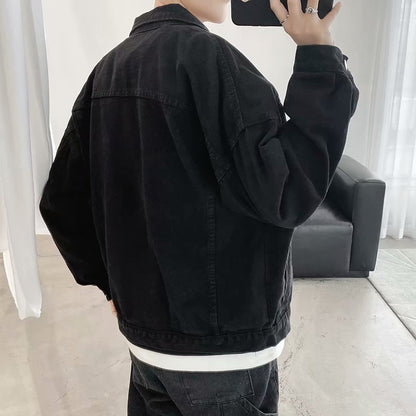 jiaabc Black Denim Short Jacket Men Turn Down Collar Bomber Jacket Jeans Coats Casual Pockets Overalls Streetwear Man Clothing Outwear