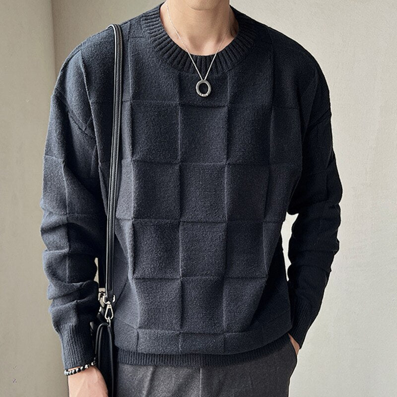 jiaabc Fashion Woven Checkered Knitted Sweater Social Club Outfits Herren Pullover Fall Winter Simple Home Pull Homme Sweater For Men