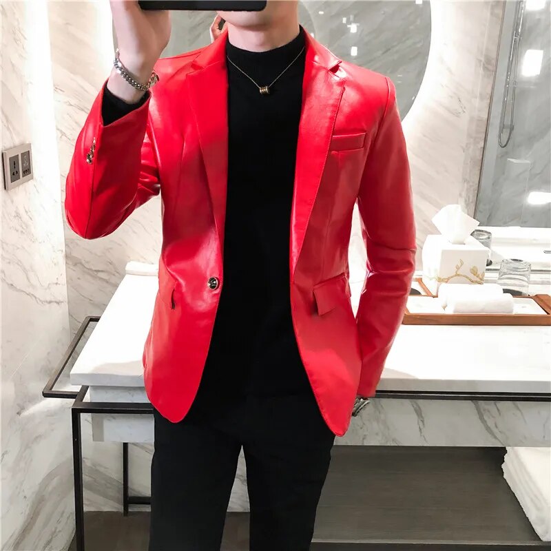 jiaabc New Autumn Faux PU Leather Suit Jacket Men Korean Trendy Slim Fit White Red Black Fashion Streetwear Blazer Coat Male