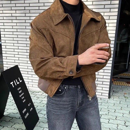 jiaabc Elegant Solid Brown Coat Men's Spring Autumn High-end Loose Lapel Plush Top Winter New Zipper Short Jacket Vintage Streetwear