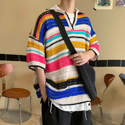 jiaabc Summer Knitted Short Sleeve T-shirt Men Fashion Casual Stripe T Shirt Men Streetwear Hip Hop Loose Sweater Tshirt Mens Tops