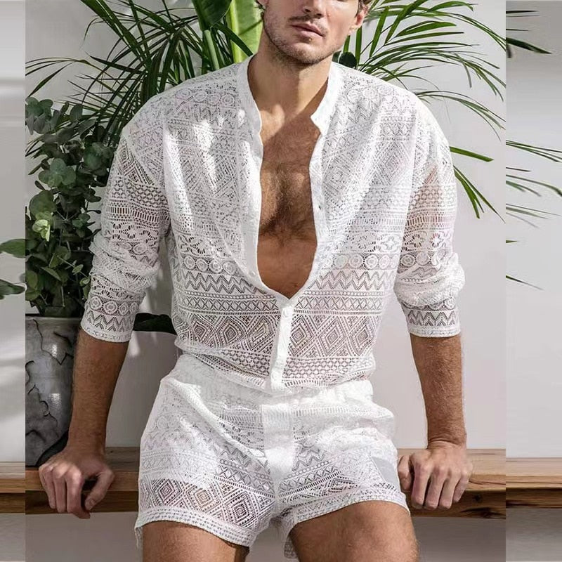 jiaabc New Summer Men Two Piece Suits Sexy See Through Lace Outfits Beach Fashion Plain Pattern Print Long Sleeved Tops And Shorts Set