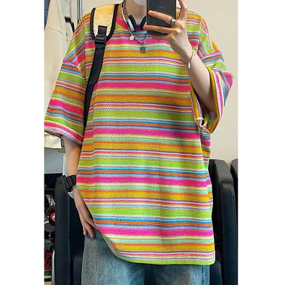 Summer Short Sleeved T-shirt Men Oversized Colorful Striped T Shirt Men Streetwear Hip-hop Loose Round Neck T Shirt Mens Top