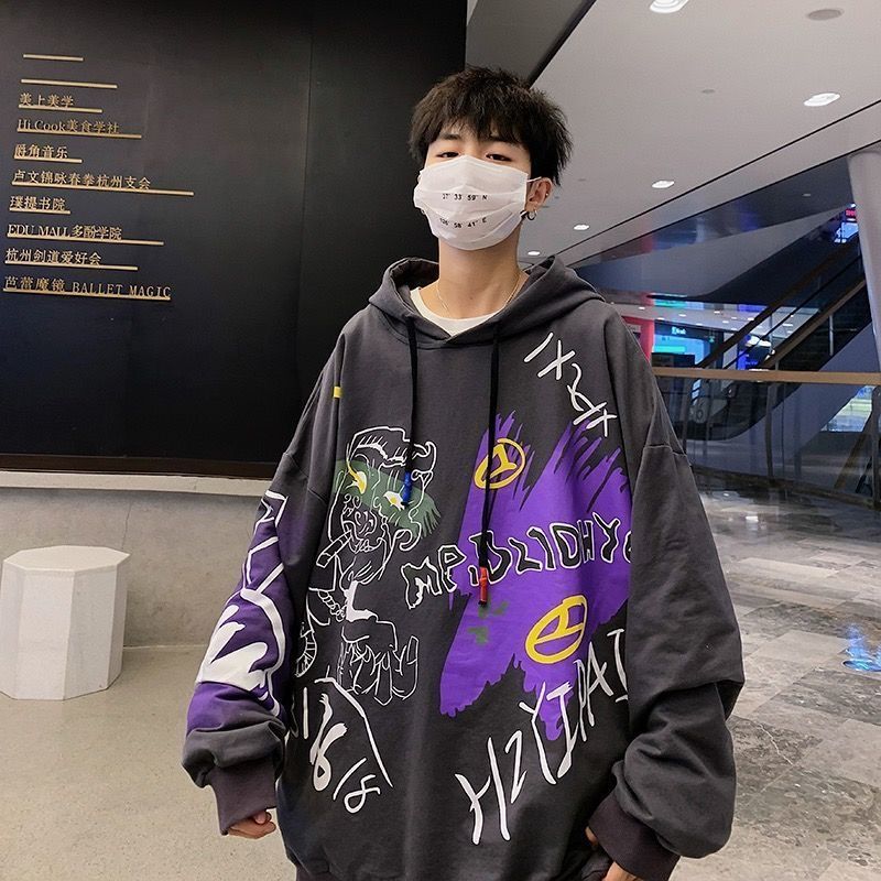 jiaabc Autumn and winter Korean style trend plus fleece hooded sweater men graffiti hip-hop all-match loose printed coat couple sweater