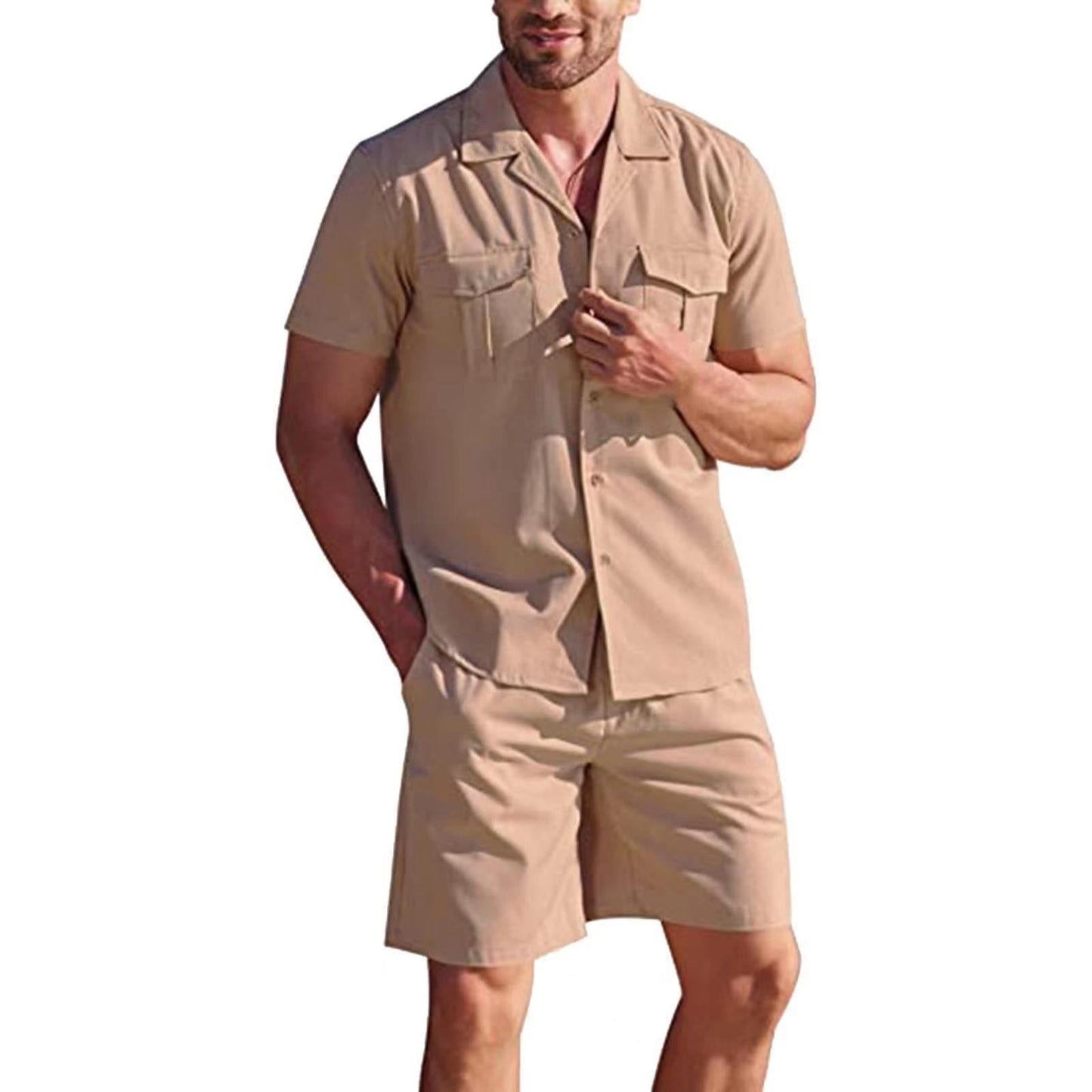 jiaabc Men's Summer Casual Loose Two Piece Sets Beach Solid Workwear Pocket Linen Man Suit Short Sleeve Button Shirt And Shorts Outfits