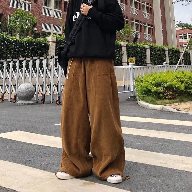 jiaabc Brown Black Corduroy Pants Men Fashion Retro Oversized Casual Pants Men Streetwear Loose Hip-hop Wide-leg Pants Mens Trousers