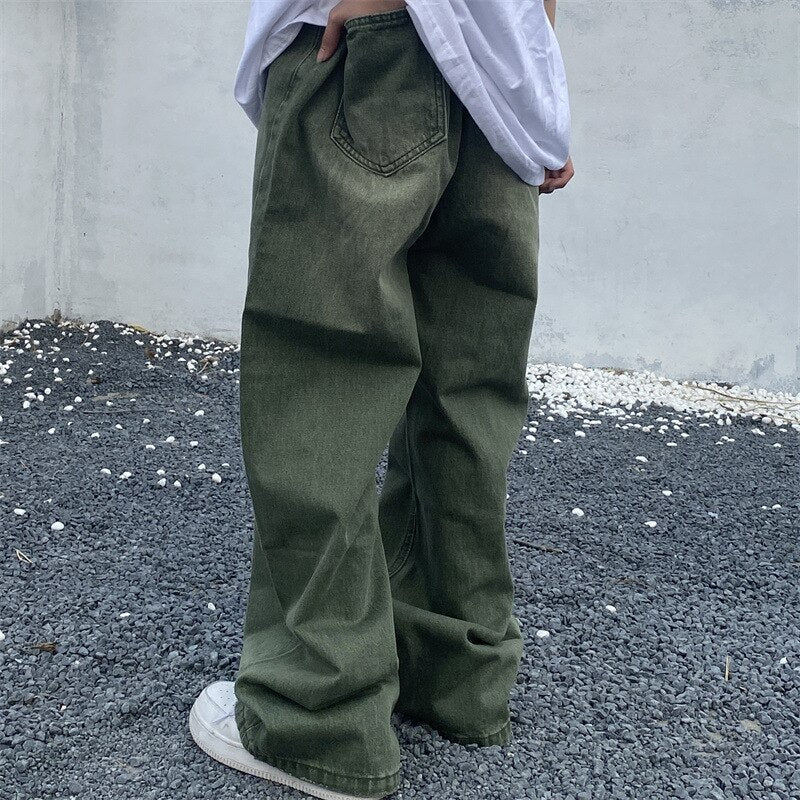 jiaabc Green Jeans Baggy Distressed Vintage Denim Trousers Male Wide Leg Pants Men Streetwear Retro Oversize Casual Hip Hop