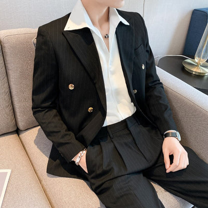 jiaabc  New Casual Suit Men's Slim Fit Double-Breasted Striped Suit Coat (without Vest and Pants) for Groomsmen, Wedding, and Party