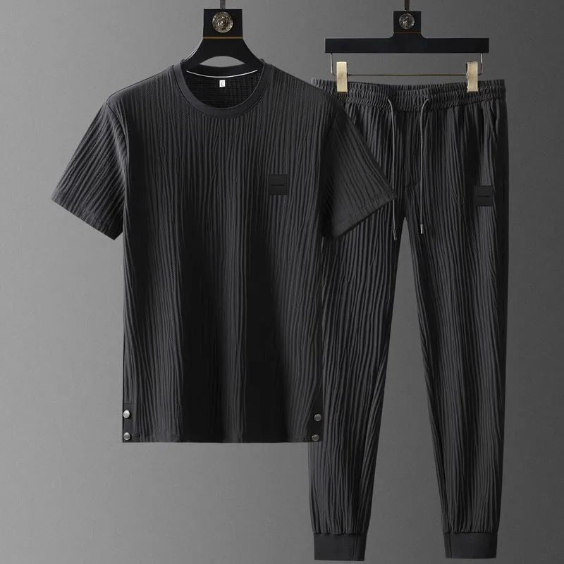 jiaabc New Summer Ice Silk Casual Sports Suit Men's Pleated Thin t shirt + Pants Two Piece Set Men's High Quality Breathable Tracksuit