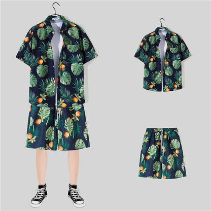 jiaabc 2 Piece Sets Men Beach Fashion M-3XL Baggy Handsome Print Shirts Shorts Hawaiian Holiday Unisex Thin Summer Vintage Clothing Ins