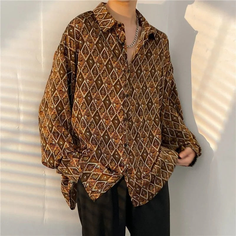 Antique Vintage Long sleeve Shirt for Men Streetwear Korea Style Fashion Design Clothes Full-printed Men's Hip Hop Top Shirt