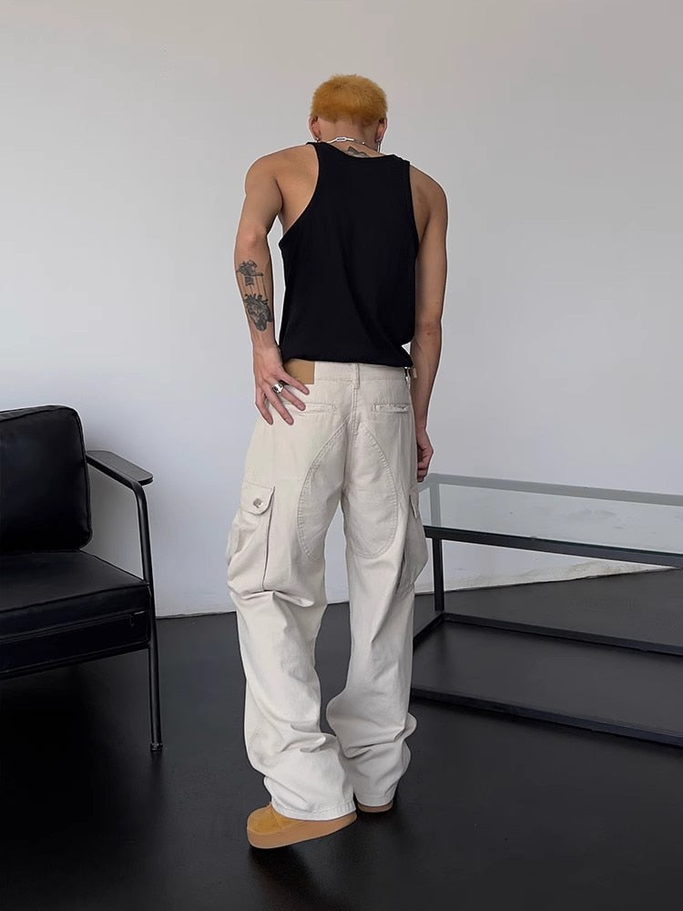 jiaabc Cargo Pants Men High Street Retro Casual Large Pocket Overalls High Waist Loose Straight Tube Draped Wide Leg Pants For Women