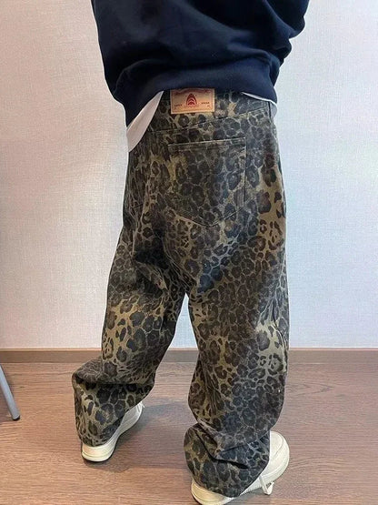 jiaabc Tan Leopard Jeans Men Denim Pants Male Oversize Wide Leg Trousers Streetwear Hip Hop Vintage Clothes Loose Casual