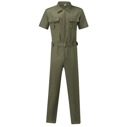 Men's Overalls Casual Streetwear Pocket Solid Color Short Sleeve+Trousers Jumpsuit Fashion Leisure Basic Work Pants