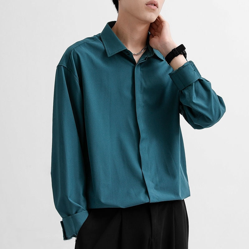 jiaabc Korean Fashion New Drape Shirts for Men Solid Color Long Sleeve Ice Silk Smart Casual Comfortable Button Up Shirt