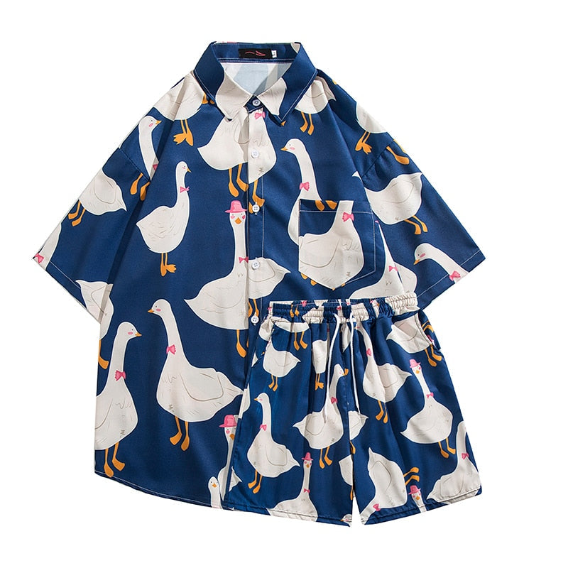 jiaabc American Casual Suit Men Cartoon Animal Duck Goose Print Oversize Top Loose Shirt Shorts Two-piece Set Summer Streetwear Unisex