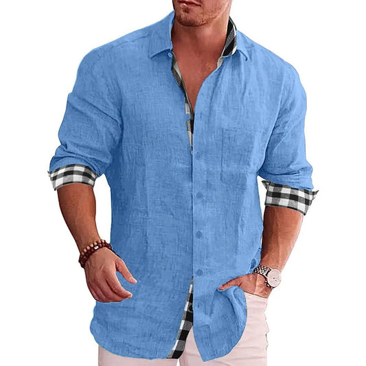 jiaabc Men's Cotton Linen Shirts Loose Casual Blouse Grid Long Sleeve Tee Shirt Autumn Plus Size Cardigan Fashion Handsome Men T Shirt