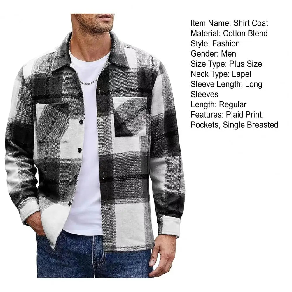 jiaabc Spring Autumn Men Shirt Turn-down Collar Cotton Blend Long Sleeve Plaid Buttons Shirt Coat Casual Loose Streetwear Man Clothes