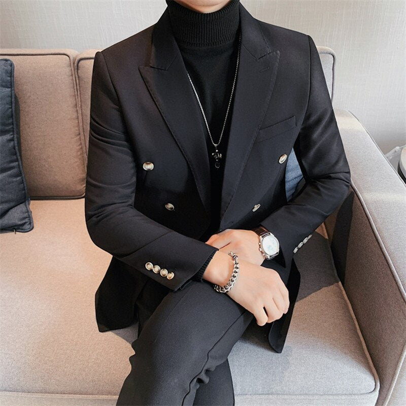 Autumn British Style Slim Fit Double Breasted Blazer Men  New Business Casual Suit Coats Male Office Wedding Groom Tuxedo