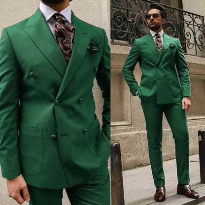 Green Italian Suits For Men Wedding Double Breasted Slim Fit Peak Lapel Custom Male Clothes 2 Piece Groom Tuxedo (Jacket + Pant)