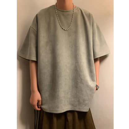 Suede T-shirt Men Oversized Fashion Solid Color Retro T Shirt Men Streetwear Summer Loose Short Sleeved T-shirt Mens Top M-3XL