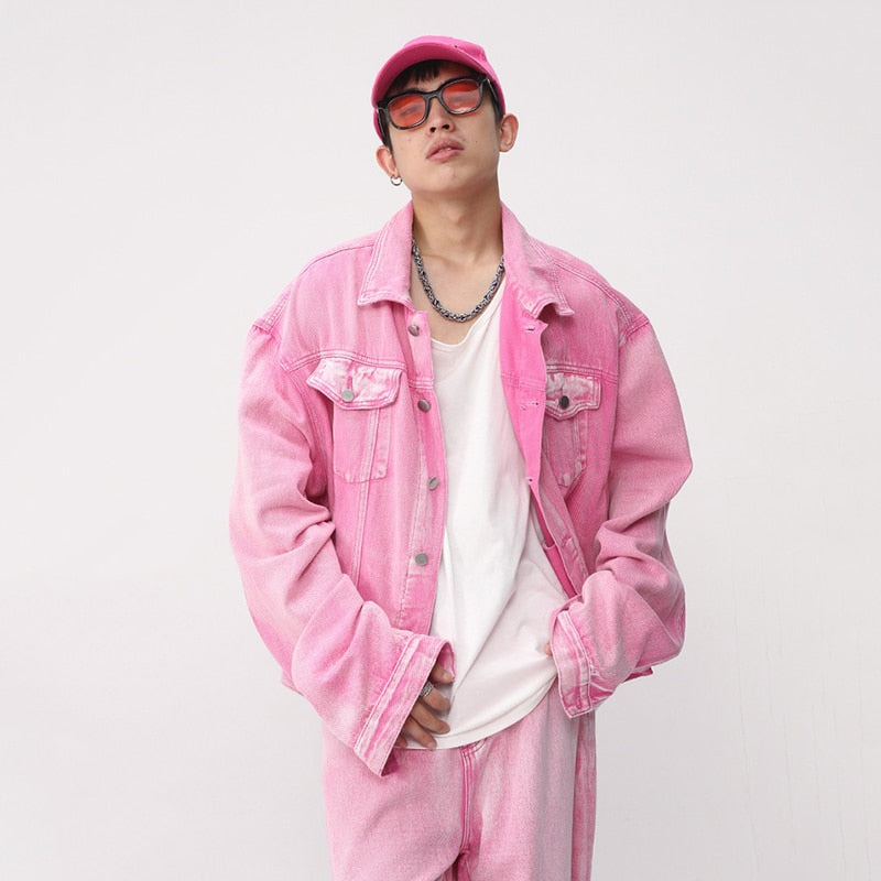 jiaabc jiaabc Trendy Korean Male Pink Color Set Solid Color Lapel Denim Jacket Coat Wide Leg Straight Jeans Men's Casual Two Piece 9A8557