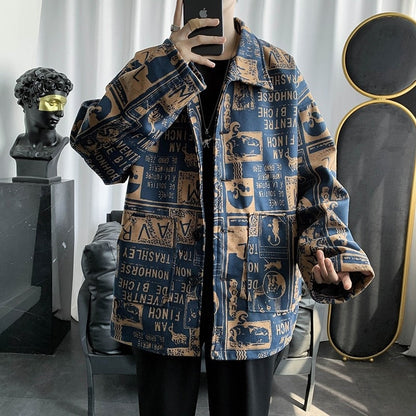 jiaabc  Men's Jacket Lapel Tweed Printing Loose Versatile Fashion Coat Casual Oversize Top