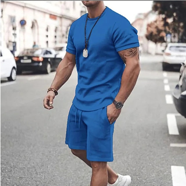 jiaabc Men Clothing T-shirt Suits Shorts and T Shirt Set Solid Colored Crew Neck Drawstring 2 Piece Apparel Designer Sportswear Classic