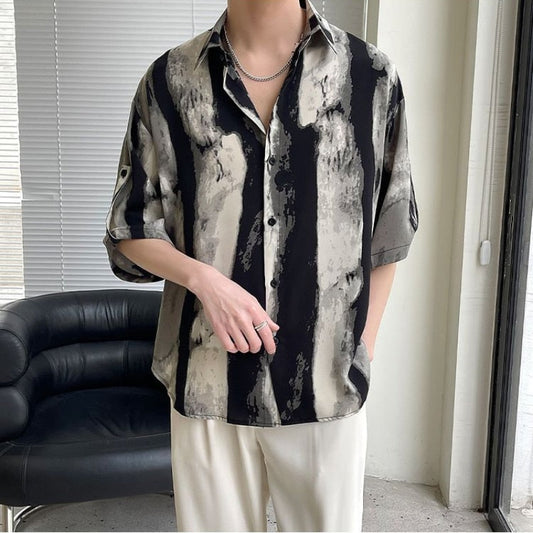 2023 New Summer Ink Print Silk Shirt Men Casual Thin Short Sleeve Loose Shirts for Men Fashion Designer High-end Hawaiian Shirt