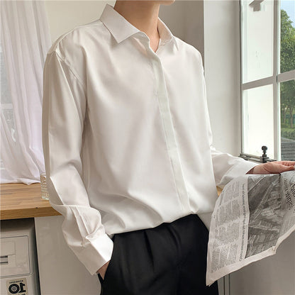 jiaabc Korean Fashion New Drape Shirts for Men Solid Color Long Sleeve Ice Silk Smart Casual Comfortable Button Up Shirt