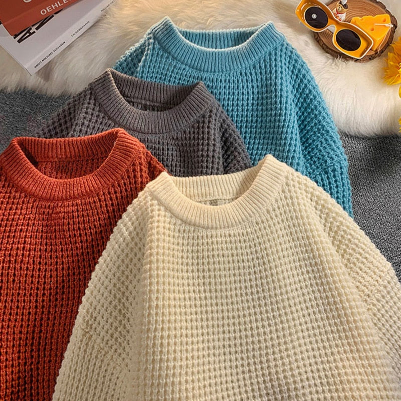 jiaabc Men's Waffle Sweaters Round Neck Solid Color Korean Style Male Knitted Pullovers Loose Casual Winter Knitwear