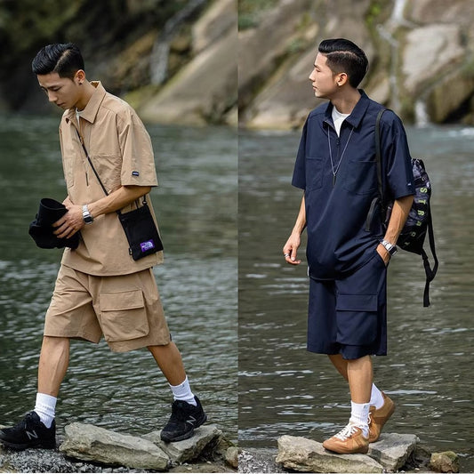 jiaabc New Cargo Pants Short Suit Male Summer Solid Color Loose T Shirts Shorts 2 Piece Set Japan Outdoor Casual Tracksuit Men Clothing