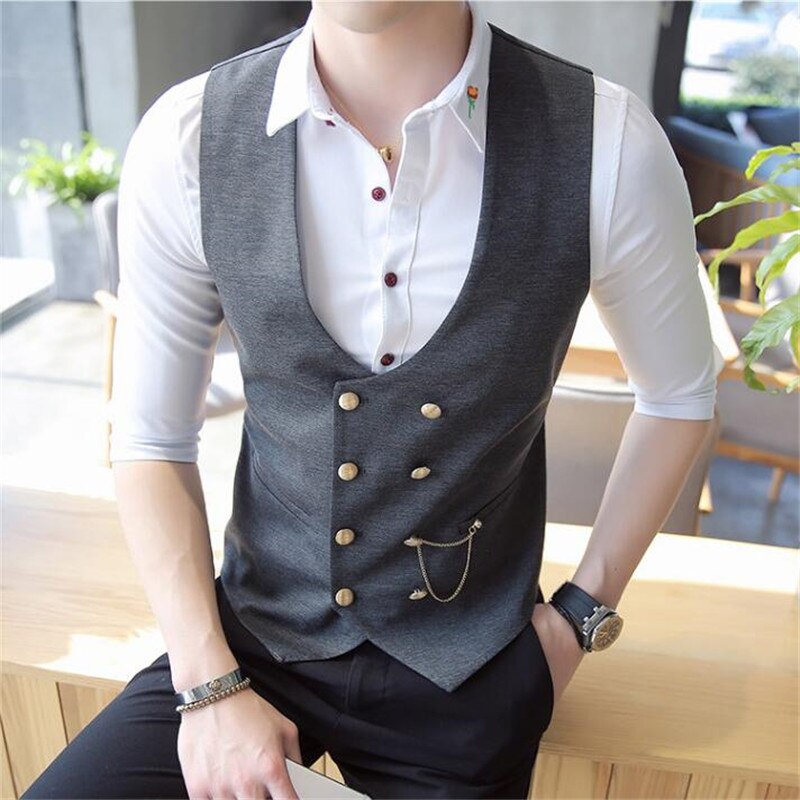 jiaabc Men's Double Breasted Vest Spring New Slim Sleeveless Formal Suit Vest Gray Black Fashion Men's Business Casual Suit Vest